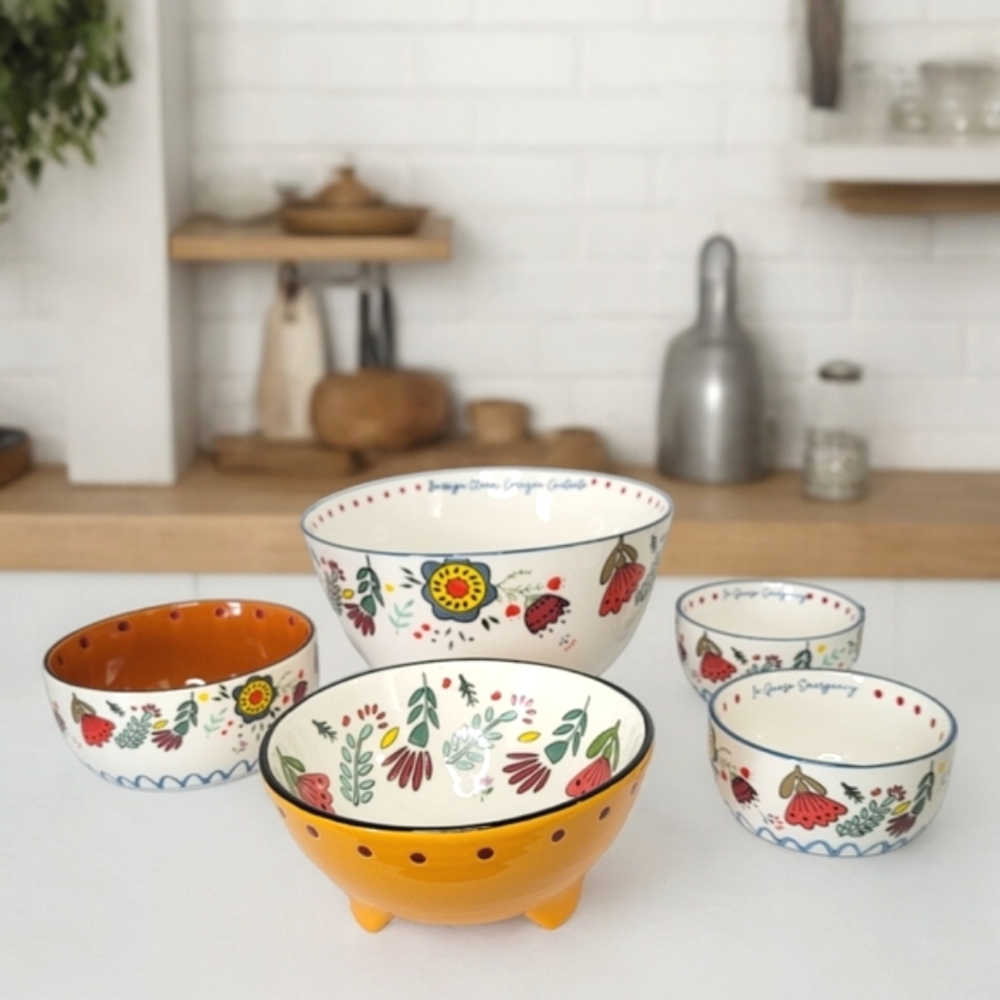 🆕️ Set Of 5: Festive Floral Multi-color Dinner Party Bowls